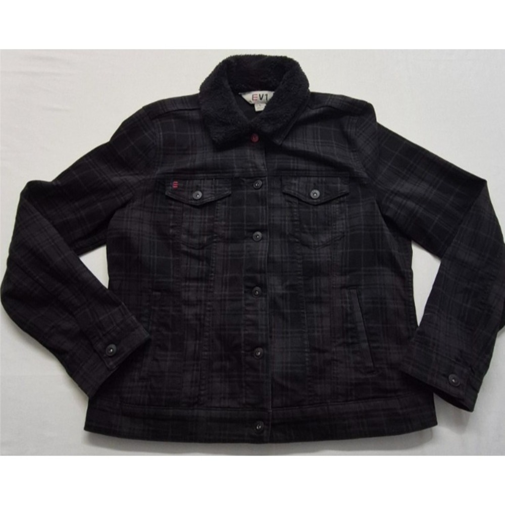 EV1 women's black plaid denim jacket faux fur collar LG pockets button‎ up front
